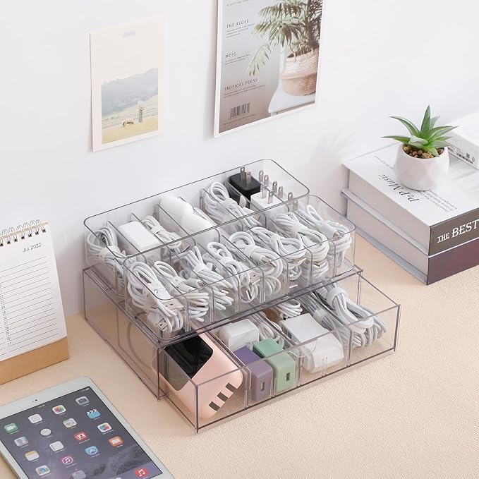 Yesesion 2 Pack Plastic Cable Management Box with Removable Dividers, Clear Cord Storage Organizer with 20 Wire Ties for Desk Drawer, Office Supplies, Electronic Accessories, Battery, Phone Charger