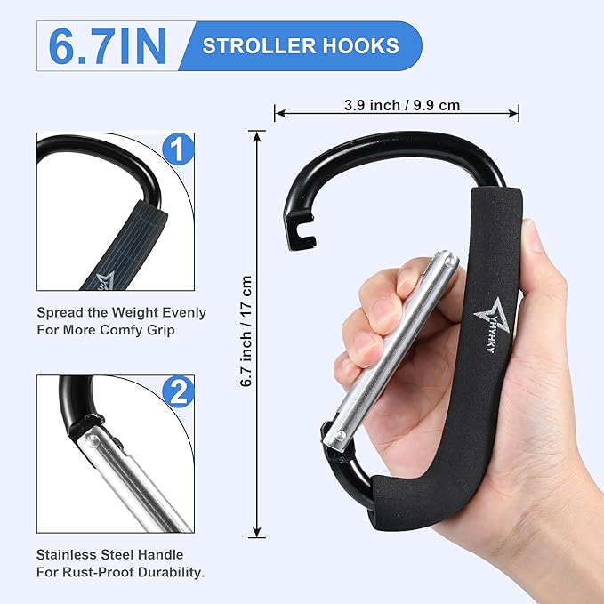 Stroller Hooks 2 Pack, 6.3" Large Mommy Hook Carabiner Clip for Shopping, Diaper Bags, Hanging Purse, Universal Stroller Accessories for Mom