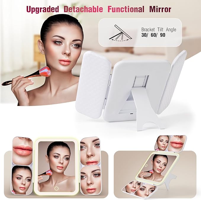 Mid-Size Makeup Bag with LED 1X5X10X20X30X Magnifying Mirror and Travel Makeup Train Case Cosmetic Organiser with Mirror and Separate Makeup Brush Panel, Portable Adjustable Divider, Black
