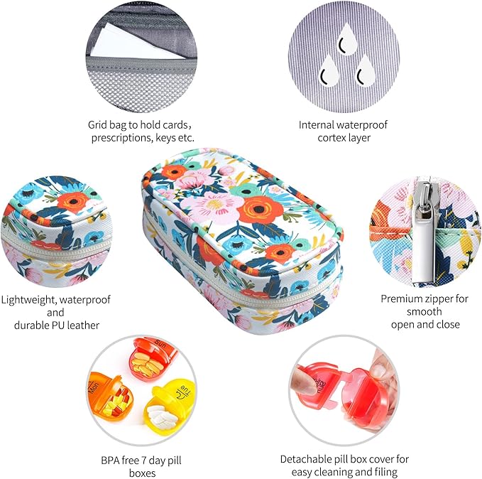 Serfeymi Weekly Travel Pill Organizer 2 Times A Day AM PM Upgraded Rainbow Pill Box 7 Day with Portable Zipper PU Leather Pill Case, Medicine Organizer for Pills, Vitamins, Fish Oils - Floral 03