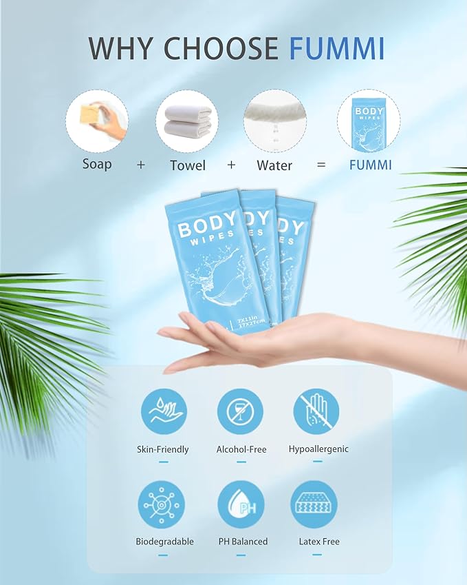 FUMMI 300 Pack Body Wipes – Large Individually Packaged Bath Wipes for Adults, Travel, Gym, Camping, Elderly, Bedridden – No Rinse Bath Wipes, Moisturizing & Refreshing Clean