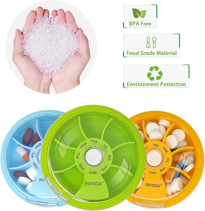 INVODA Weekly Pill Organizer 7 Compartment Rotating Pill Box for Daily Medication & Vitamins - Portable Travel Pill Case Fish Oil Supplements Vitamins Organizer (Green+Sky Blue+Orange)