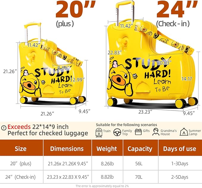 Kids' Lightweight Ride on Luggage with Spinner Wheels & Foldabe Design (Yellow Study, 20"+ Aged 1-3 Toddler),Children Holiday Birthday Gift