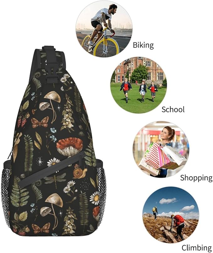 SUPLUCHOM Sling Bag Vintage Mushroom Leaf Forest Hiking Daypack Crossbody Shoulder Backpack Travel Chest Pack for Men Women Over 12 Years Old