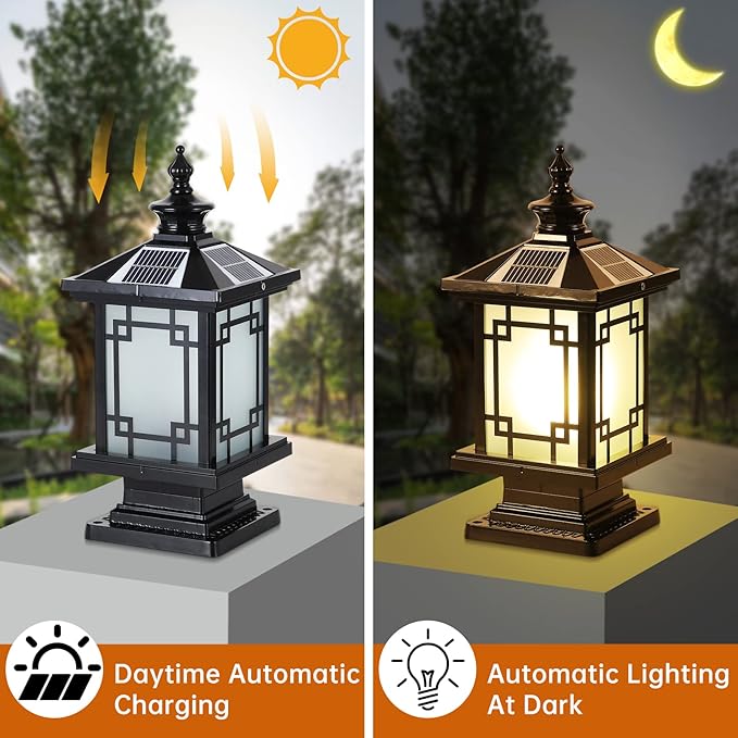 LED Solar Post Light Outdoor, Aluminum Fence Post Cap Lamp Remote Control Dimmable Pillar Lights Solar IP65 Waterproof Column Light, 15.7" X 7.3" Pillar Pedestal Lantern for Garden Yard