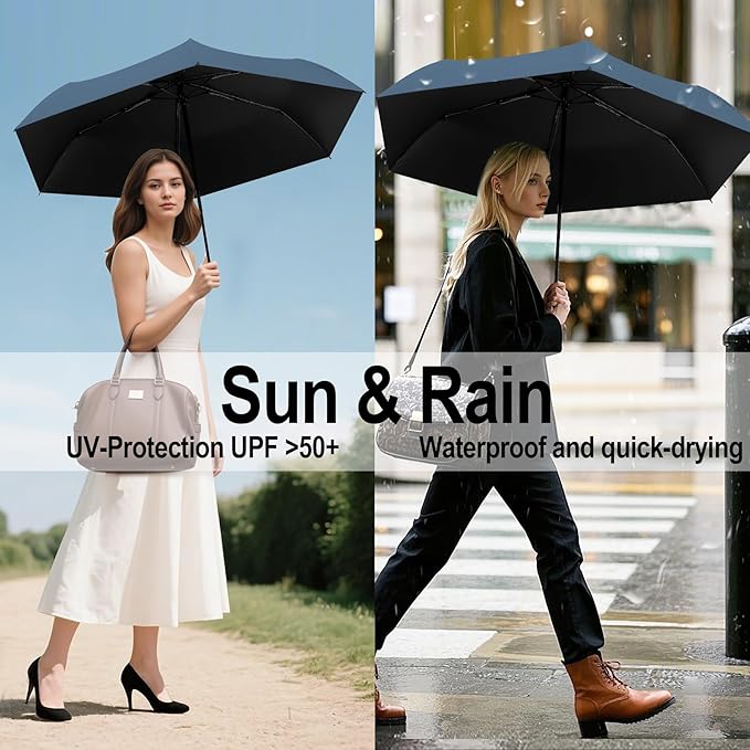 Auto Open Close Umbrella - Ultra Light Compact Travel & Backpack Size for Women and Men, UPF 50+ Eco-Friendly Sun Protection & Windproof Rain Umbrella with UV Defense