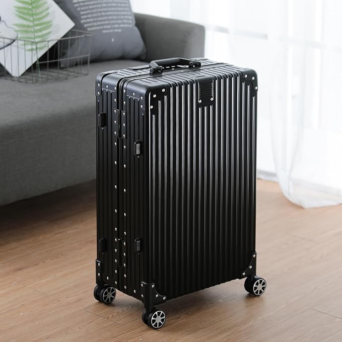 Metal All Aluminum Carry-on Luggage TSA Customs Lock Zipperless Silent Rotary Wheel Business Suitcase Aluminum Frame Set (black, 28 '')