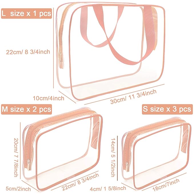 APREUTY Clear Makeup Bags, TSA Approved 6 Pcs Cosmetic Makeup Bags Set Clear PVC with Zipper Handle Portable Travel Luggage Pouch Airport Airline Vacation Organization (Pink)