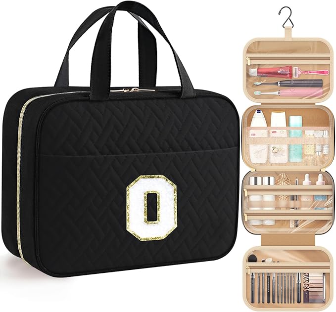 HOTOR Travel Toiletry Bag - Personalized Chenille Initial Makeup Bag, Water-Resistant Personalized Gifts for Women, Portable Travel Accessories & Essentials, Letter O, Black, 11.4"×9.0"×3.35"