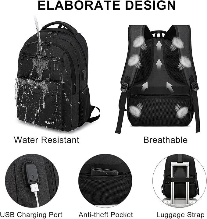 School Backpack for Teen Boys 15.6 Inch, USB Charging Port & Anti-Theft Water Resistant - School Bookbag College Business Ergonomic Backpack for Men Women, Black