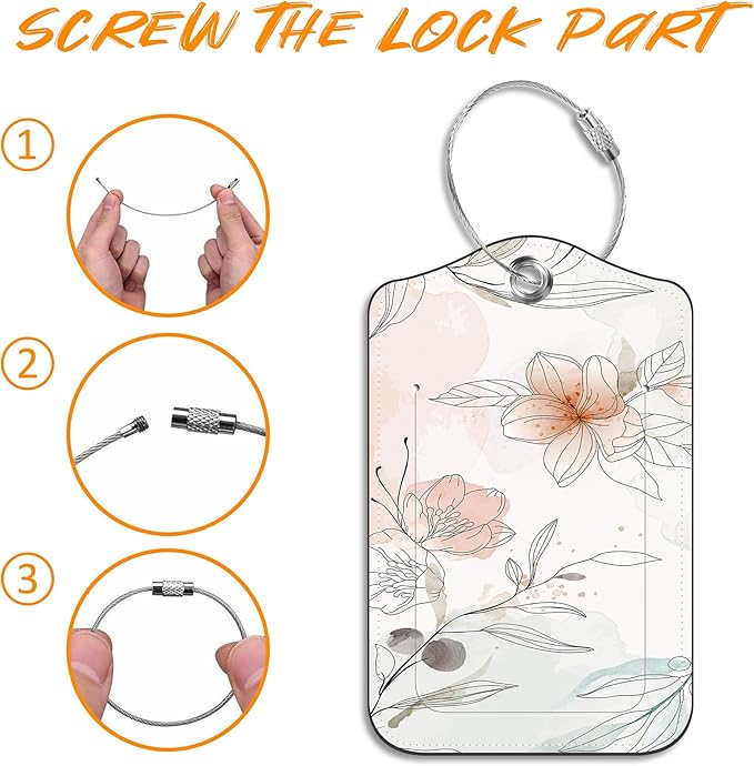 Luggage Tags for Suitcase Ink Flower 2 PCS Leather Travel Luggage Tag with Stainless Steel Loop Name ID Label Privacy Cover for Women Men Travel
