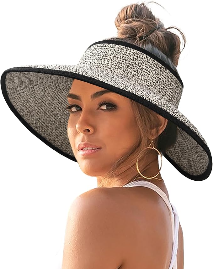 FURTALK Sun Hats for Women Wide Brim Beach Hat Straw Visor Ponytail Summer UV Packable Foldable Beach Vacation Essentials