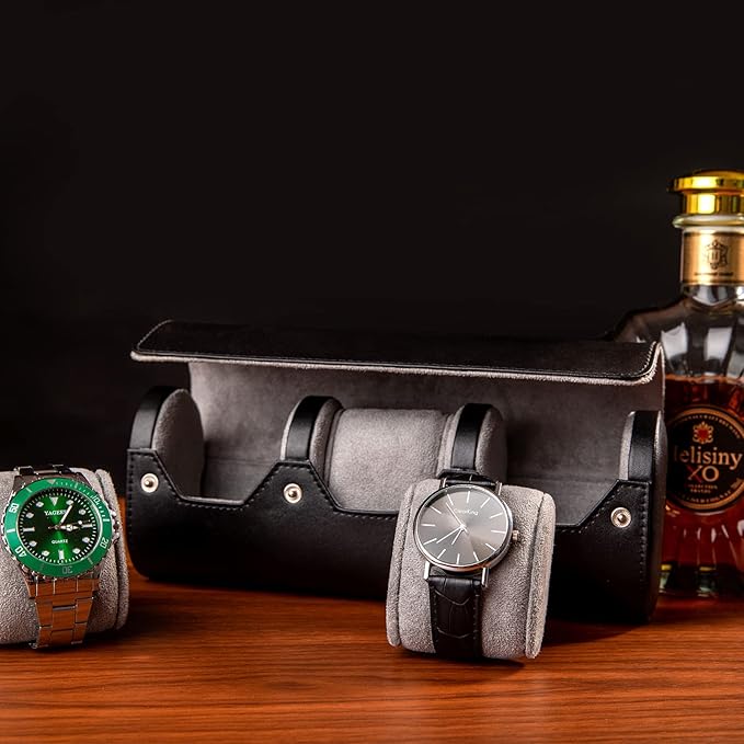 MR.OKAY 3 Watch Travel Case- Classic Leather Watch Case With Perfect Texture.Portable Watch Roll Or Organizer For Storage And Display. Luxury Gifts For Men, All Handmade by Artisans.