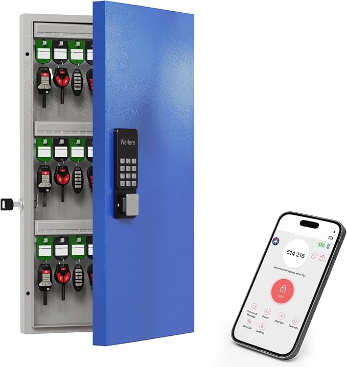 WeHere 48 Key Lock Box Wall Mount, APP Bluetooth/OTP/Wi-Fi Remote/Fixed Code/Key Unlock, Smart Key Cabinet Organizer Holder Box, Key Management for Apartment, Hotel, Office, House