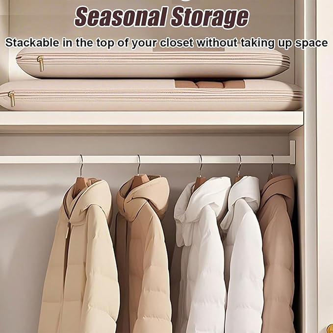 Space Saving Hanging Garment Bag with Self Compression Zipper, Space-Saving Dust-Proof Down Jacket Compression Storage Bag for Coats Blankets, Sweaters, Seasonal Clothes(Beige, L)