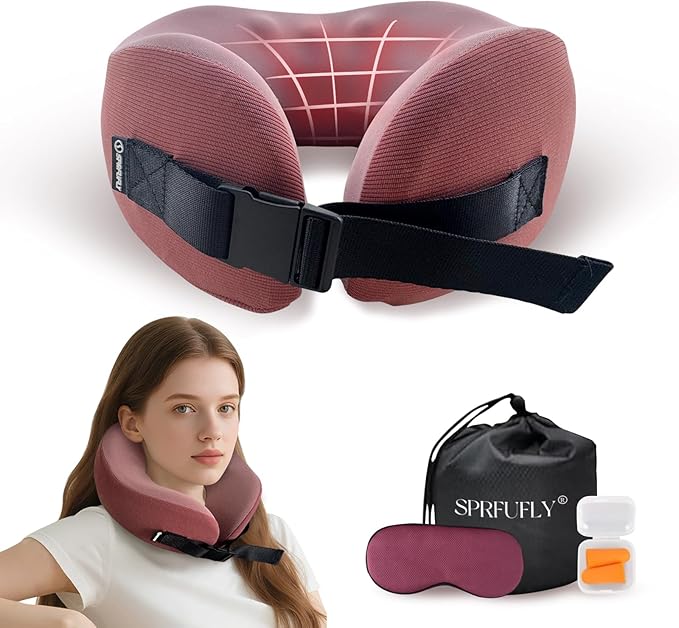 SPRFUFLY Travel Pillow/Neck Brace - 100% Memory Foam Neck Pillow for Sleeping, Airplane Pillow with Sleep Mask & Earplugs, Travel Essentials Neck Brace Pillow for Airplane, Car, Office & Home(Pink)