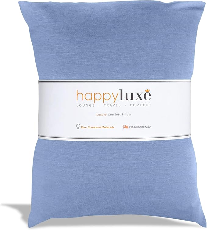Happyluxe Odyssey Travel Pillow for Long Flights - Soft, Small, Alternative to Down and Memory Foam. 17 x 13in - Made in The USA, Serenity Blue Airplane Pillow for Adults Sleeping, Camping or Nap