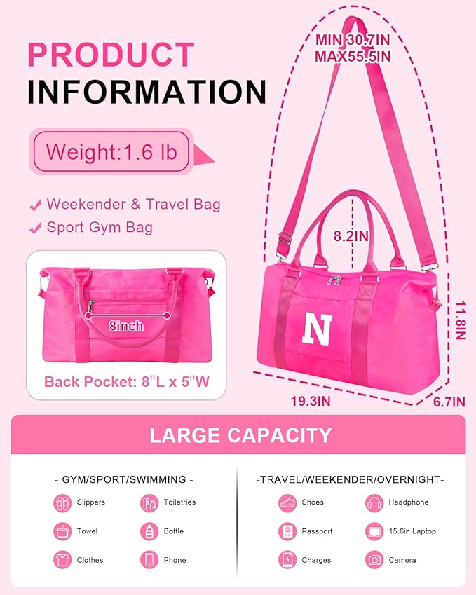 Overnight Bag for Kids Teen Girls Weekender Dance Bag Birthday Graduation Gifts,Initial Travel Duffel Bag Sports Gym Bag Personalized Weekender Bag Carry On Bags Preppy Gifts for Women(Hot Pink, N)