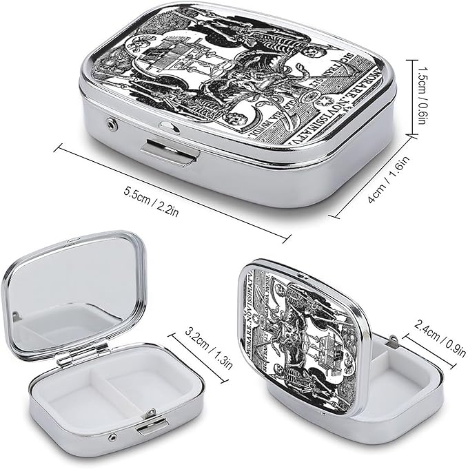 Metal 2 Compartment Pill Organizer Travel Friendly Portable Compact Pill Box Cute Pill Case to Hold Vitamins,Fish Oil,Supplements,Meds,Tablet for Purse,Pocket. (Skeleton Warrior)
