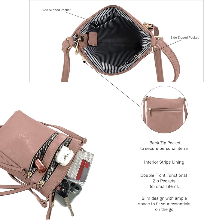 DELUXITY | Crossbody Purse Bag | Functional Multi Pocket Double Zipper Purse | Adjustable Strap | Medium Size Purse |Mauve