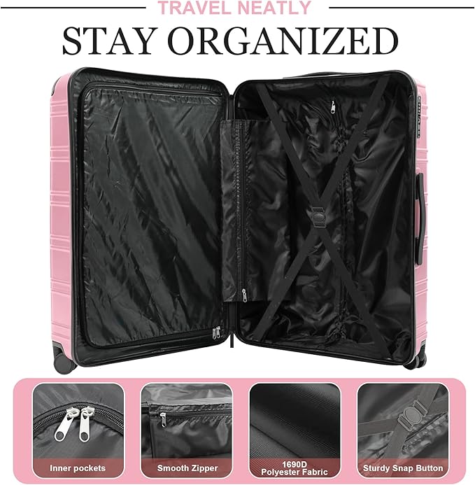 Luggage Sets 4 Piece, ABS PC Lightweight Suitcases with Wheels, Hardshell Luggage Sets Suitcase set with TSA Lock Pink (12in 20in 24in 28in)