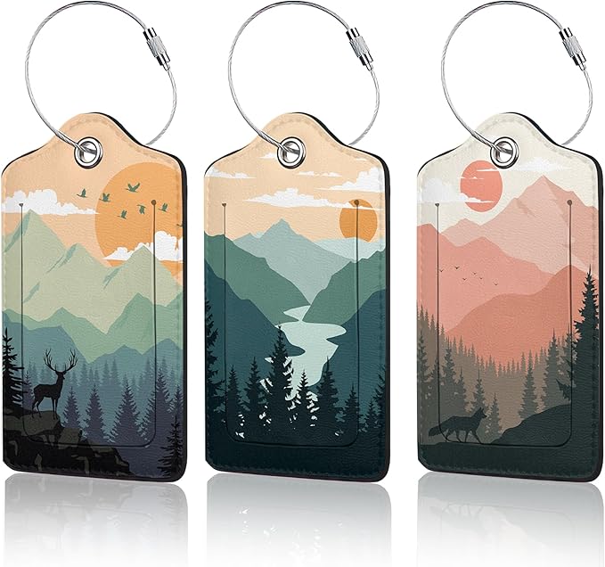 Sunset Landscape Luggage Tag for Suitcase,Mountain Tree Design with Privacy Flap Name ID Label Metal Loop, 3 Pack