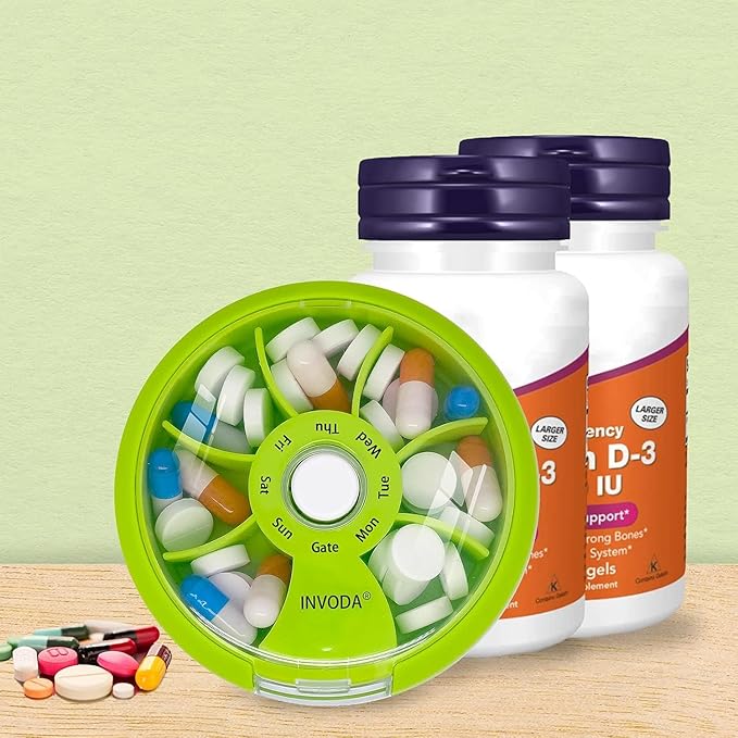 12PCS INVODA Weekly Pill Organizer 7 Compartment Rotating Pill Box for Daily Medication & Vitamins - Portable Travel Pill Case Fish Oil Supplements Vitamins Organizer