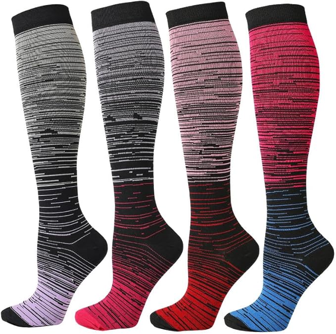 Kickticks 4 Pairs Compression Socks for Woman & Man Unisex 20-30mmHg Knee high Plus Size Wide Calves for Flying Running…