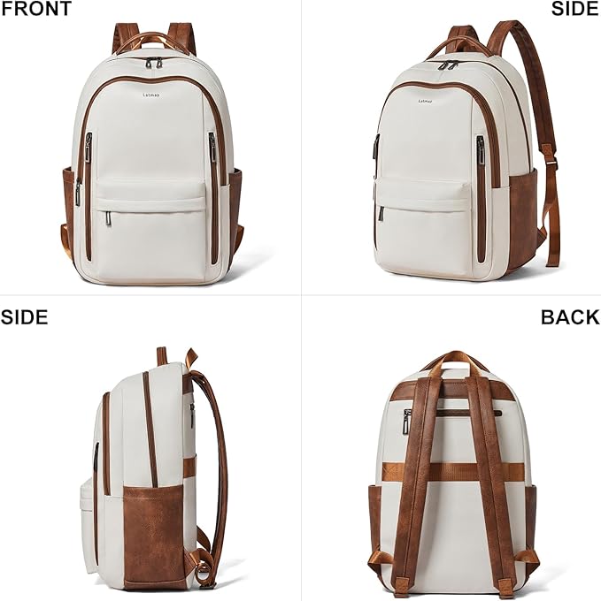 30L Business Laptop Backpack for Women Men, Travel Work Backpack Purse Faux Leather College Bookbag fits 15.6" Laptop - Beige
