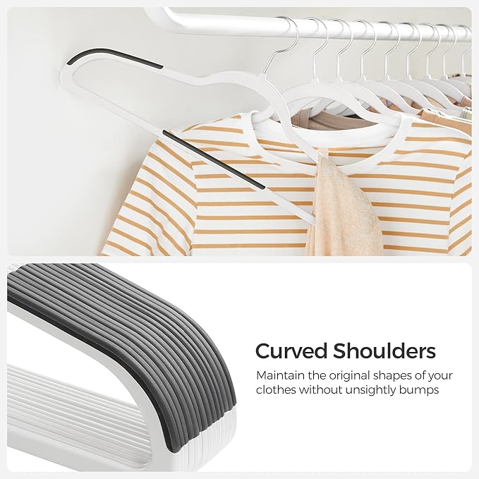 SONGMICS Clothes Hangers, Pack of 50 Plastic Coat Hangers, Space-Saving, 0.2 Inches Thick, 17.7 Inches Wide, 360° Swivel Hook, Cloud White and Dark Gray UCRP050W50