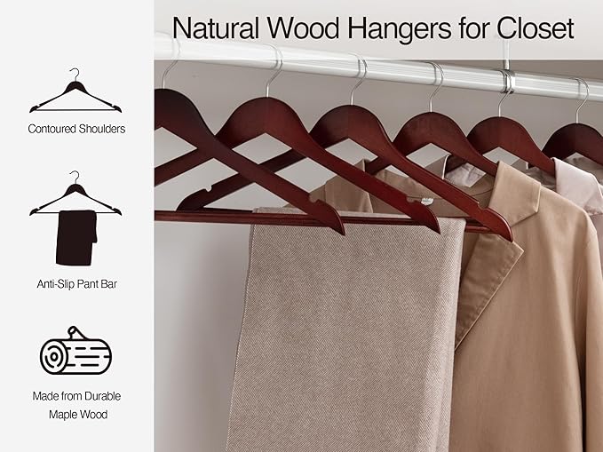 StorageWorks Wooden Hangers 20 Pack, Wood Coat Hanger for Coats, Shirts, Jackets, Pants, Suits, Dark Cherry Color