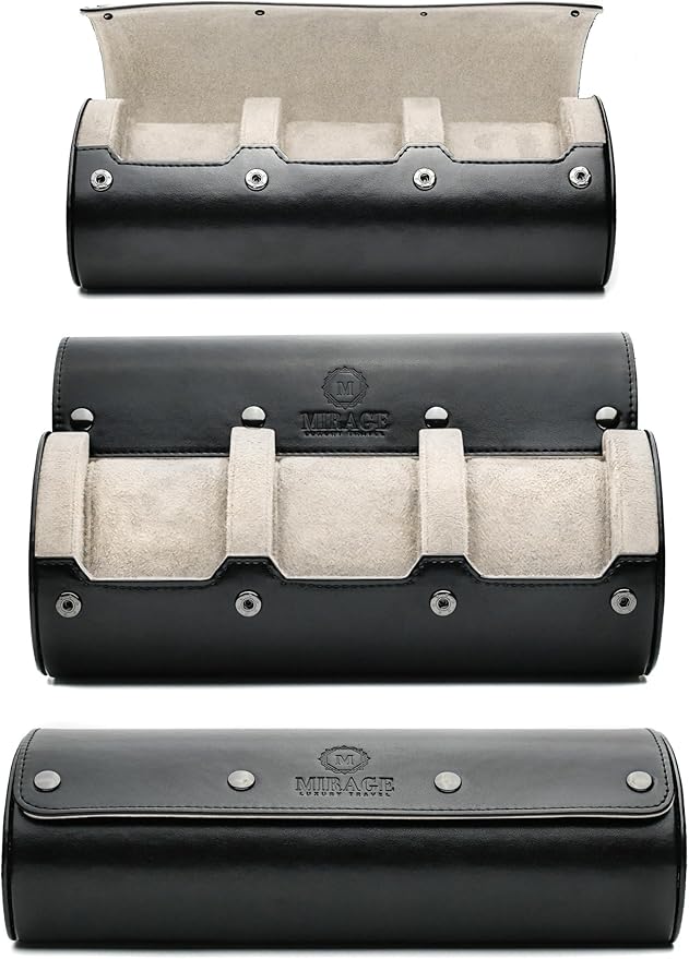 Watch Roll Cases for Men - Watch Travel Case - Storage and Display 3 slots - Jade Black/Ivory White interior Vegan Leather