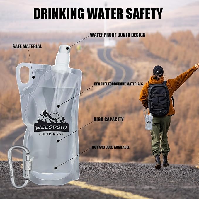 2-Pack 1L Hiking Collapsible Water Bottles with Mountaineering Buckle (Not Suitable for Climbing) BPA-Free Foldable Backpacking Water Bottle for Camping Hiking Running Cycling Mountaineering