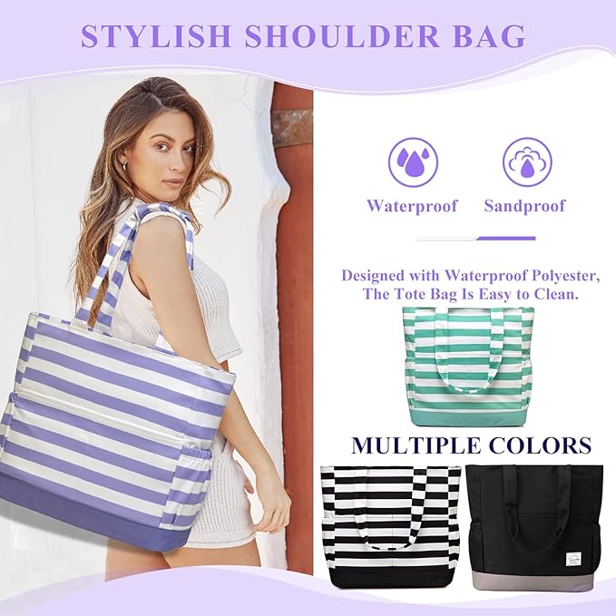 VASCHY Beach Bag for Women, Large Waterproof Sandproof Fold-able Packable Pool Tote Bag w Zipper/Pockets