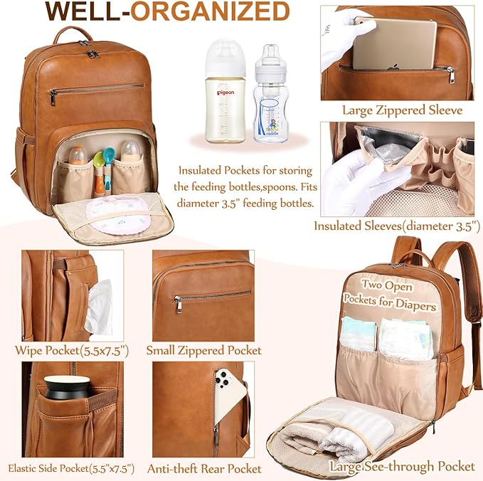 VASCHY Diaper Bag Backpack for Mum Dad, Unisex Large Waterproof Vegan Leather Baby Bag with Changing Pad,Insulated Pockets,Padded Laptop Sleeve for Travel,Brown