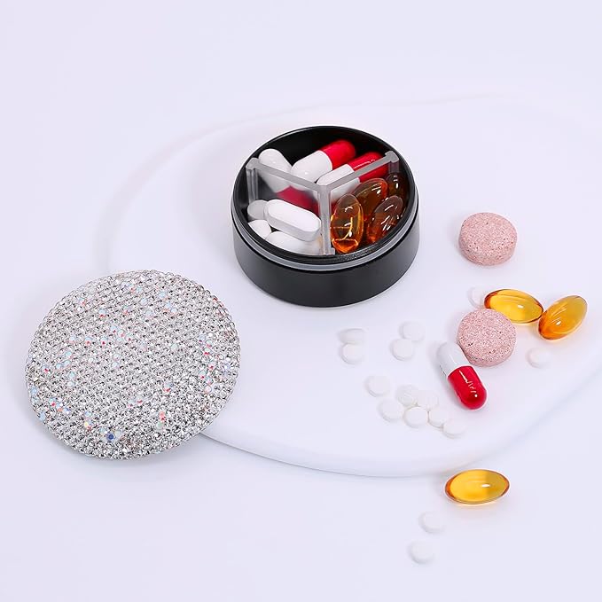 Small Pill Case 3 Compartments, Metal Round Portable Pill Box, Waterproof Travel Pill Organizer, Pocket Purse Medicine Vitamin Holder EDC Container (Black with Rhinestone)