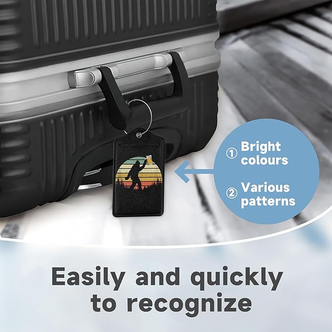 2 Pack Leather Luggage Tag for Suitcase Bigfoot Love Drinking Beer Unique Travel Tags with Privacy Cover ID Label & Stainless Steel Loop for Men and Women Baggage