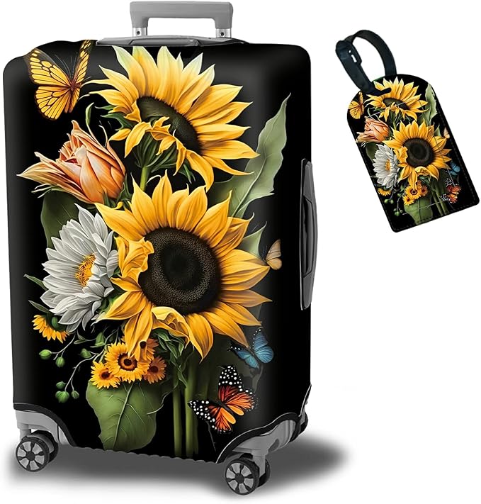 Suitcase Protector Plus 1 Luggage Tag, Sunflower Orchids Travel Cover for 26-28 inch Luggage with Concealed Zipper, Washable Elastic Cloth, Dustproof, Anti-Scratch