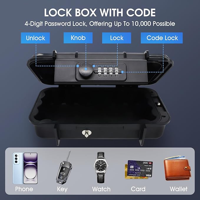 Beach Lock Box,Travel Safe Lock Box with Removable Chain,Locking Boxes with Code,Portable Lockbox for Travel Safe,Personal Items,Beach,Gym,Hotel,Dorm,Black