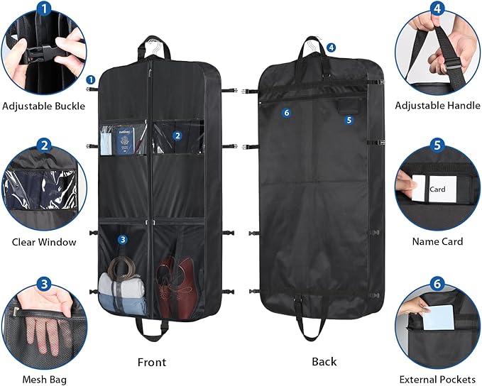 Zilink 48 Inch Garment Bags for Travel Heavy Duty Travel Suit Bag for Men Women with Buckles & Shoulder Strap Garment Bags for Hanging Clothes, Black