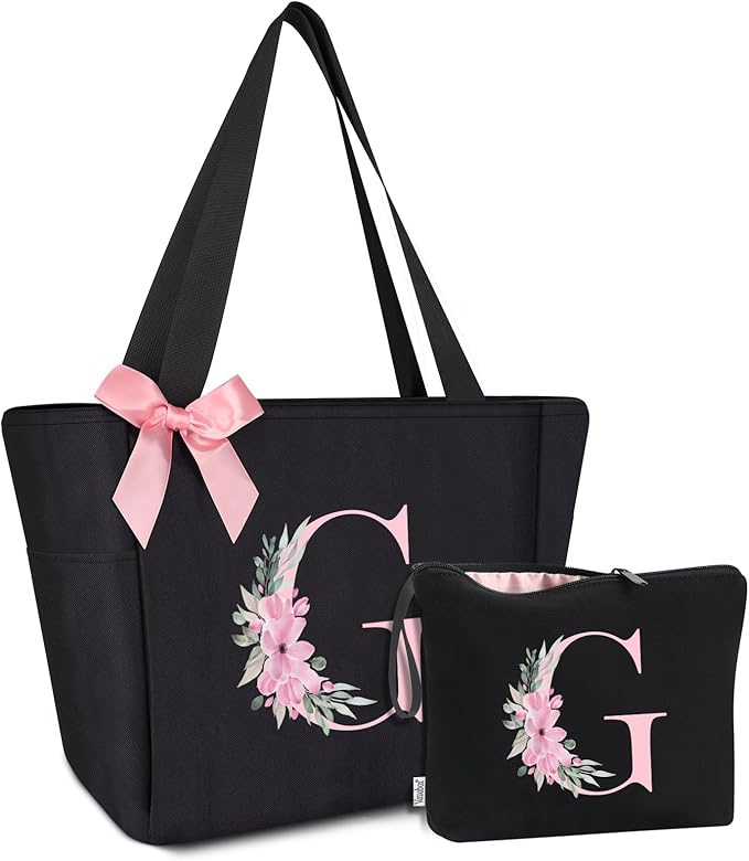 Vavabox Tote Bag, A-Z Initial Monogrammed Waterproof Tote Bag, Bridesmaid Gifts for Women, Black and Pink