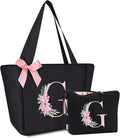 Vavabox Tote Bag, A-Z Initial Monogrammed Waterproof Tote Bag, Bridesmaid Gifts for Women, Black and Pink