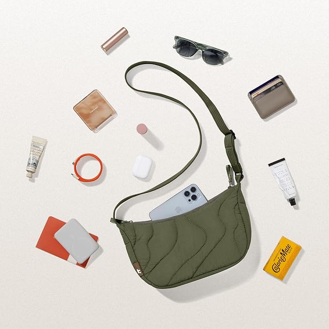 tomtoc 3.5L Puffer Sling Crossbody Bag for Women Trendy, Nylon Quilted Crescent Shoulder Bag Purses for Cellphone and Daily Essentials, Puffy Travel Hobo Handbag with Adjustable Strap & Inner Pockets