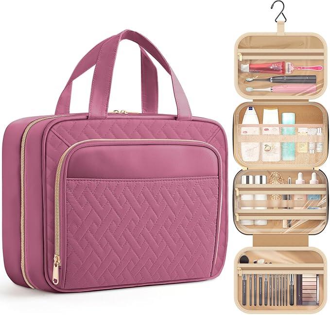 HOTOR Travel Toiletry Bag for Women & Men, Waterproof Makeup Bag with Hanging Hook and Multiple Pockets, Cosmetic Bags for Women, Travel Essentials, 11.2'' x 3.2'' x 8.9'', Rosewood-Pink