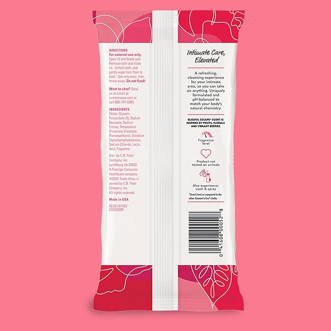 Summer's Eve Blissful Escape Feminine Wipes, Gentle pH-Balanced Formula Helps Control Vaginal Odor, Resealable Pack, 32 Wipes