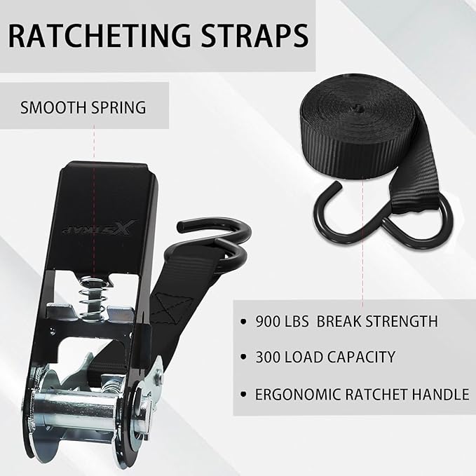 XSTRAP STANDARD Ratchet Tie Down Straps 8PK 1'' x 10 ft - 900 LB Break Strength Cargo Straps for Moving Appliances, Lawn Equipment, Motorcycle (Black)