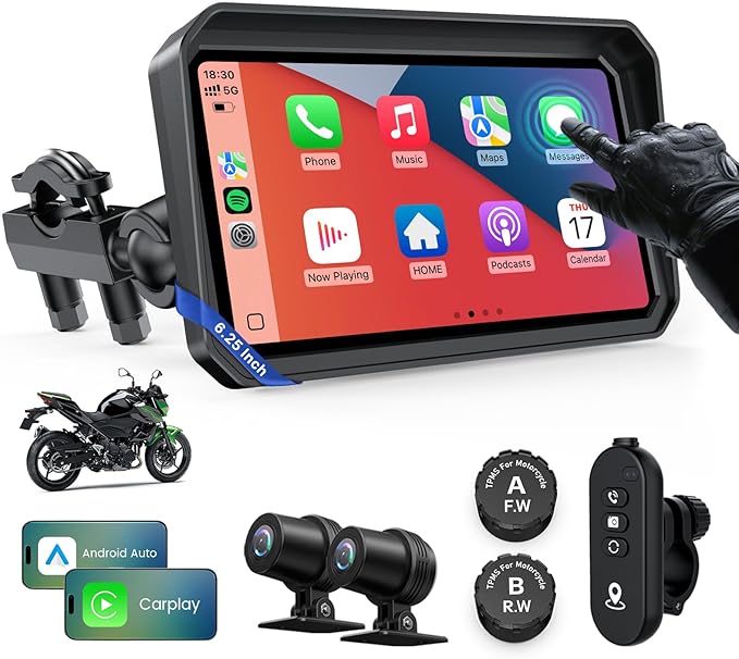 WonVon 6.25 Inch Wireless Motorcycle Carplay GPS Navigation System with Apple Carplay and Android Auto Portable Screen with Dual Bluetooth, Navigation, Siri, Google Assistant