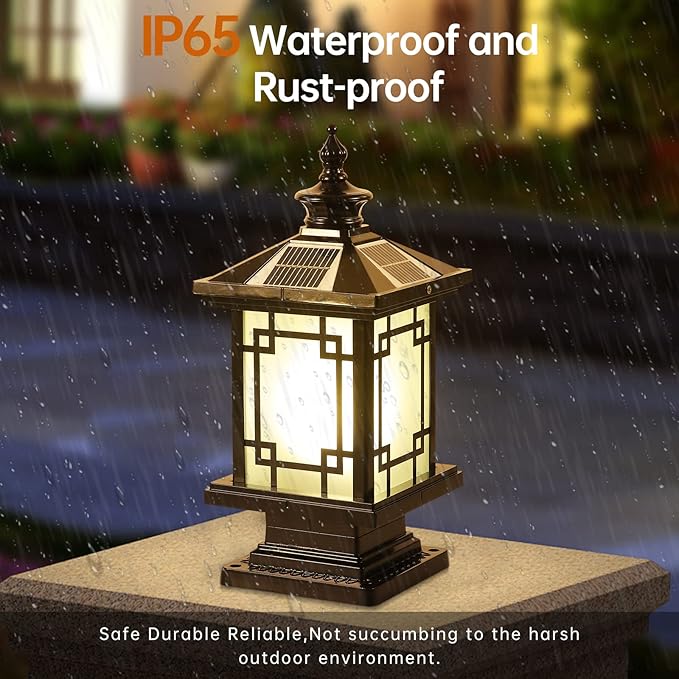 LED Solar Post Light Outdoor, Aluminum Fence Post Cap Lamp Remote Control Dimmable Pillar Lights Solar IP65 Waterproof Column Light, 15.7" X 7.3" Pillar Pedestal Lantern for Garden Yard