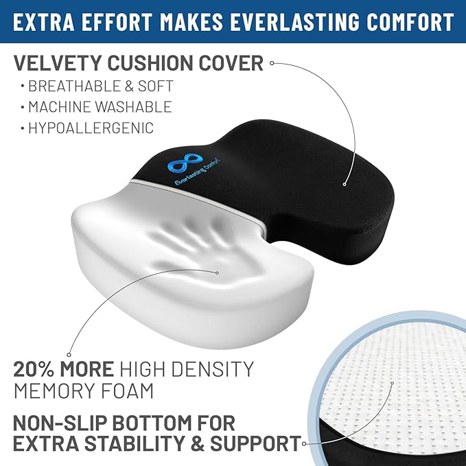 Everlasting Comfort Doctor Recommended Memory Foam Seat Cushion for Office Chairs & Car Seat - Ergonomic Office Desk Accessories for Tailbone Pain Relief, Sciatica & Back Support