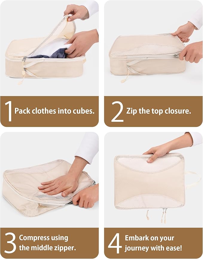 Compression Packing Cubes 12 Set, Suitcase Organizers, Extendable Packing Cubes, Luggage Organizer Bags, Travel Essentials, Beige